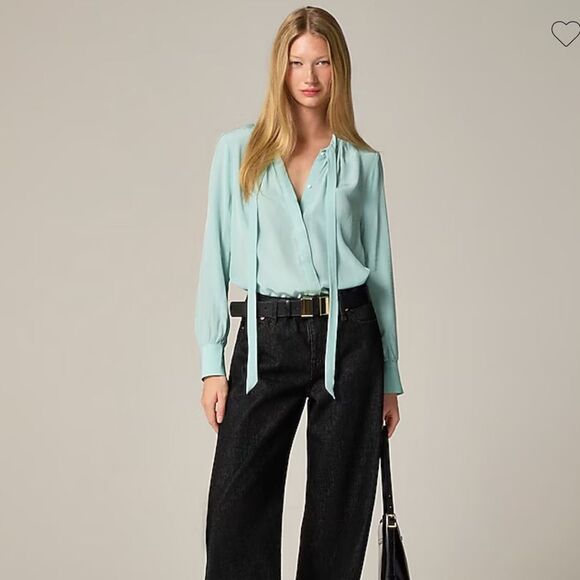 J. Crew Tie-neck blouse‎ in crepe de chine black satin size 2 - Picture 6 of 7